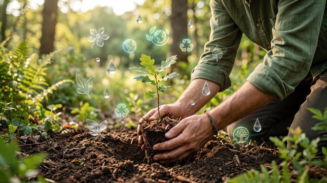 Hands planting young tree sapling in forest soil, surrounded by glowing ecological icons representing sustainability, recycling, water drops, nature conservation