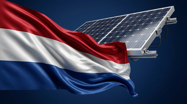 solar panel installation with a flag of the netherlands fluttering in the wind