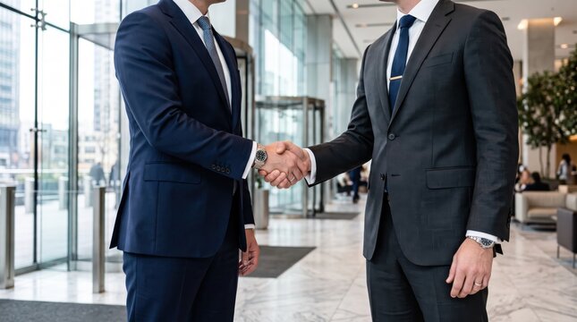 Two businessmen shaking hands in modern office lobby, corporate partnership agreement, professional greeting, business deal success concept