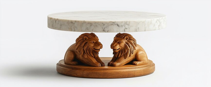 Marble cake stand, lion supports, white background, home decor