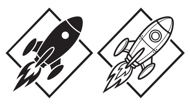 rocket black silhouette with line art vector design blasting off in retro style
