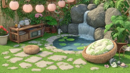 Naklejka premium Serene Japanese Garden with Waterfall, Pond, and Cozy Seating.