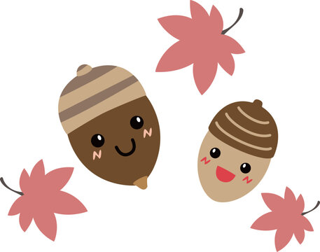 Illustration of acorn character with maple leaves