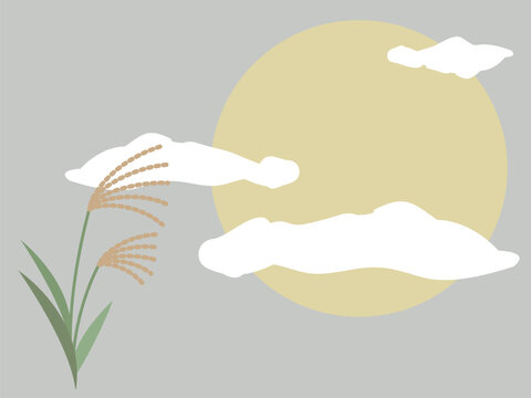 Autumn background with full moon and pampas grass