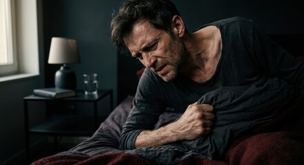 Obraz premium Man Wakes Up Feeling Unwell In Dark Bedroom Scene
