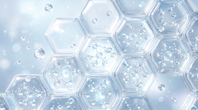六角形の細胞分子とみずみずしい水滴のスキンケア用ヒアルロン酸とコラーゲンのイメージ