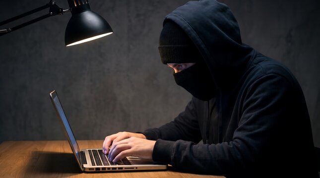 Hacker typing on laptop in dark room with desk lamp illuminating face concept for cybercrime and data theft