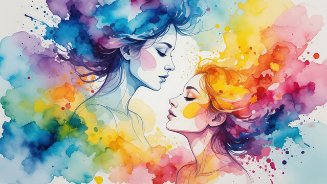 Ritratto ad acquerello di due donne tra esplosione di colori arcobaleno e armonia