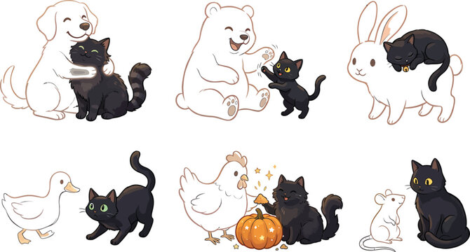 Cute Halloween Animal and Black Cat Character Collection with Pumpkin and Cozy Autumn Illustrations