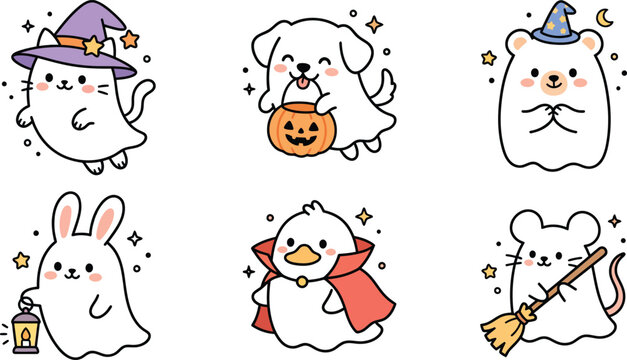 Cute Halloween Animal Characters in Costumes with Pumpkin, Witch Hat and Broom Cartoon Illustration Set