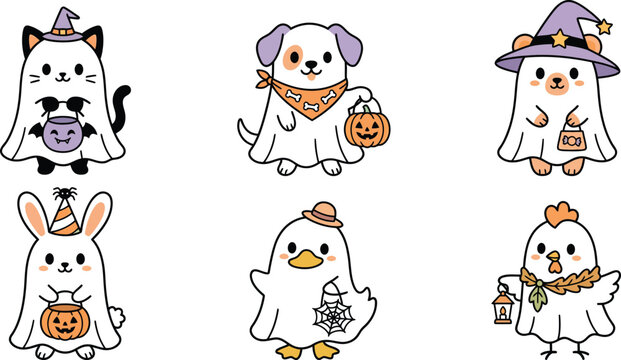 Cute Halloween Animal Characters in Ghost Costumes with Pumpkin Buckets and Spooky Accessories