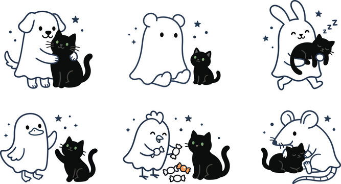 Cute Halloween Animal and Black Cat Character Collection with Ghost Costumes and Spooky Cartoon Illustrations