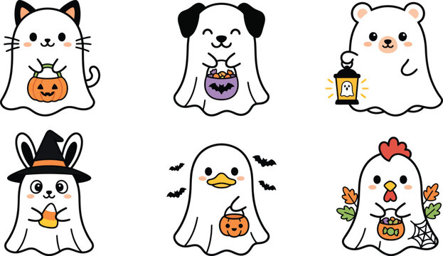 Cute Halloween Animal Characters in Ghost Costumes with Pumpkin and Lantern Illustration Set