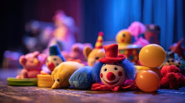 comedy. Circus clown props and colorful toys scattered playfully on a stage floor. event programs, museum guides, designed for cultural heritage projects and event programs.