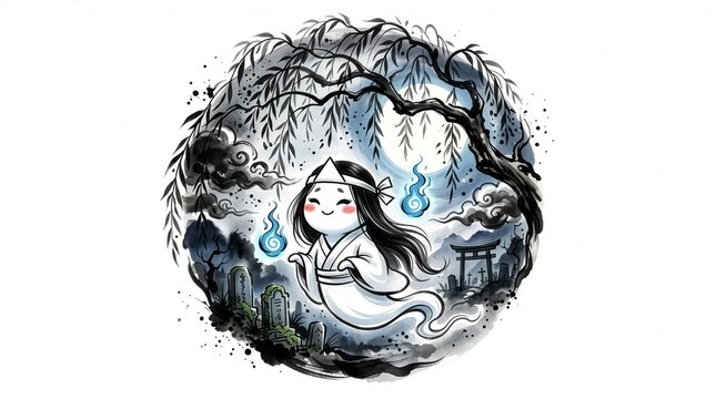 Illustration of a Japanese ghost girl with a willow tree and gravestones in a circle