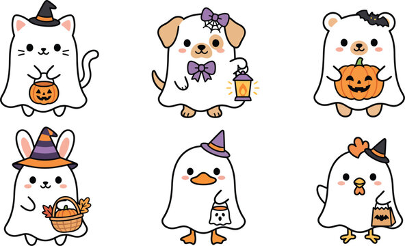 Cute Halloween Animal Characters in Ghost Costumes with Pumpkin and Trick or Treat Illustrations