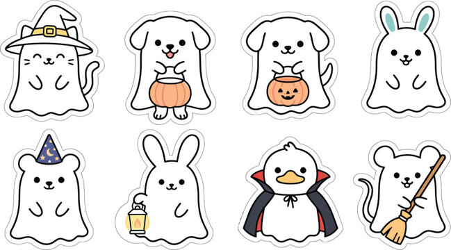 Cute Halloween Animal Characters in Ghost Costumes with Pumpkin and Trick or Treat Accessories