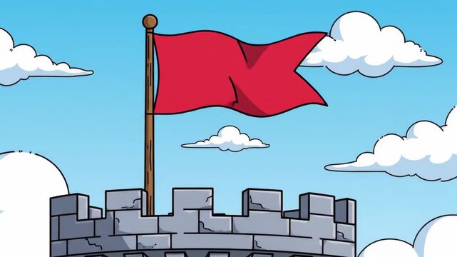 A red flag waving on a stone tower against a blue sky with white clouds in cartoon style.