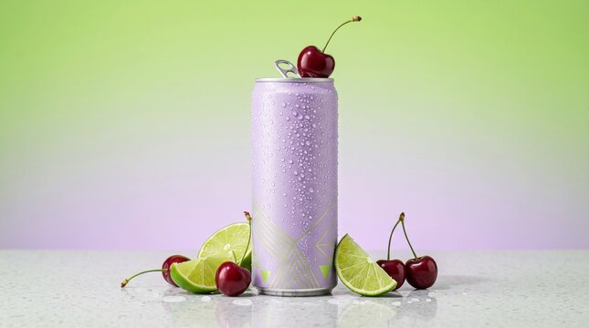 Refreshing cherry and lime flavored beverage in a condensation covered aluminum can surrounded by fresh fruit slices and whole cherries against a soft gradient background