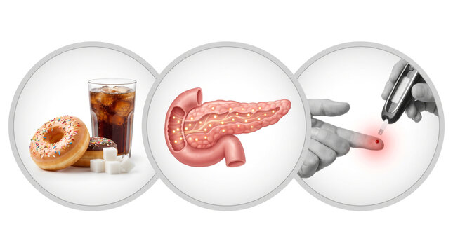Diabetes Blood Sugar, donut soda pancreas glucose testing hand medical health concept illustration circles white background isolated