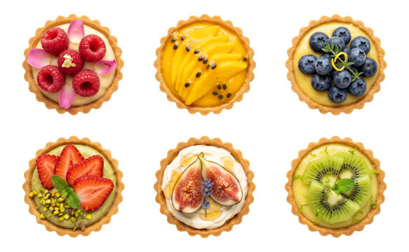 six gourmet fruit tartlets topped with raspberry, mango, blueberry, strawberry, fig and kiwi