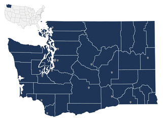 Fototapeta premium Washington State Map with County Borders and Location Pins