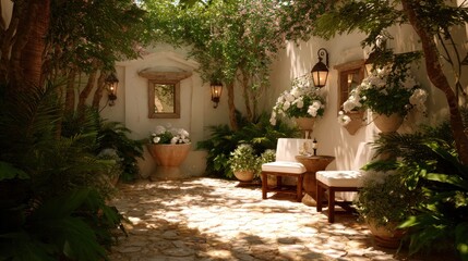 Fototapeta premium Sunlit Courtyard Oasis with Lush Greenery and Elegant Seating.