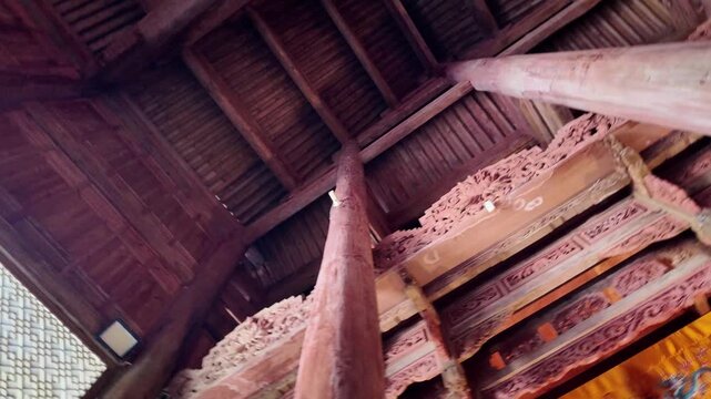 Traditional Chinese Temple Timber Structure with Mortise and Tenon Joints, Ancient Wooden Architecture Viewed from Below