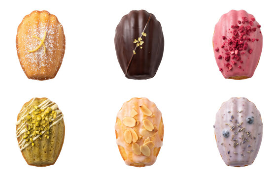 six french madeleines with lemon, chocolate, raspberry, pistachio, almond and blueberry toppings