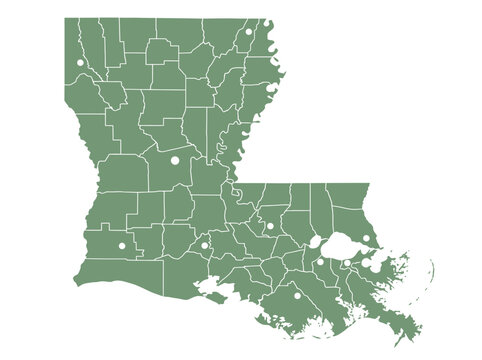 Green Louisiana State Map with Parish Boundaries and Major Cities