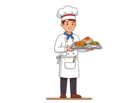 Male chef holding a tray of food. Professional cook serving delicious gourmet meals.