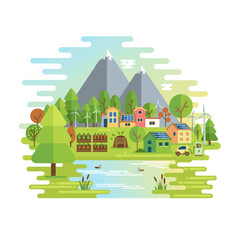 Fototapeta premium Modern Flat Vector Illustration of a Sustainable Eco Village Featuring Solar Panels on House Roofs