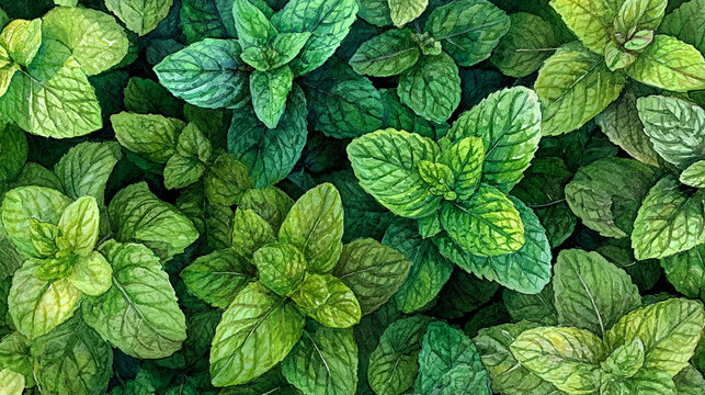 Watercolor full-frame illustration of fresh mint varieties with spearmint, peppermint and apple mint, with fine textured detail across the composition