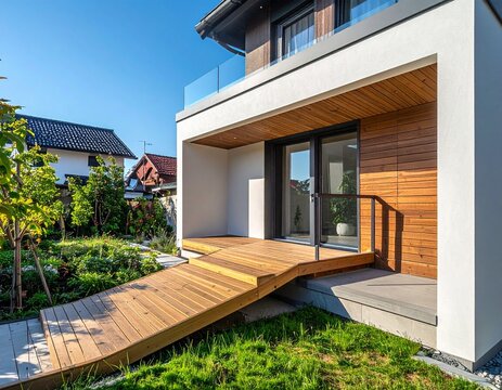Modern house exterior with accessible wooden ramp and contemporary residential architecture