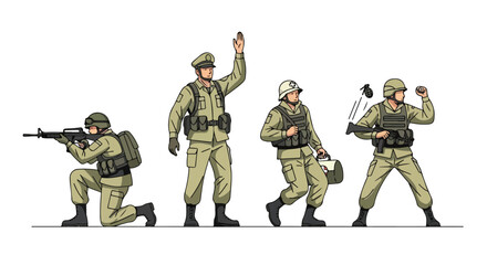 Obraz premium Military Soldiers Squad. Infantry Combat Team. Tactical Action Figures. Vector Illustration.