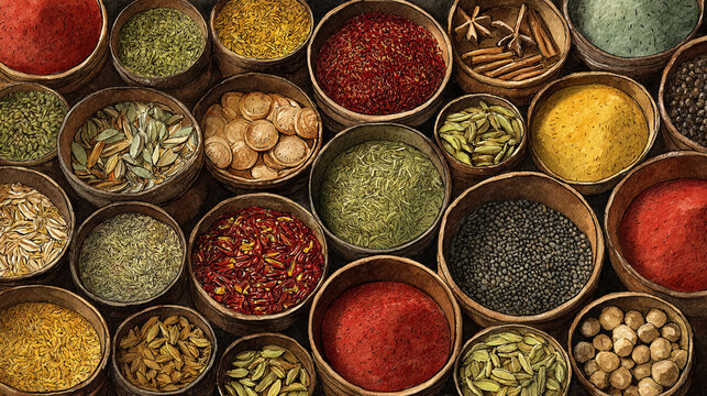 Watercolor full-frame illustration of middle eastern spice collection with sumac, zaatar herbs and saffron, with a densely packed close-up arrangement