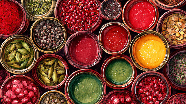 Watercolor full-frame illustration of middle eastern spice collection with sumac, zaatar herbs and saffron, with a vibrant, colorful arrangement