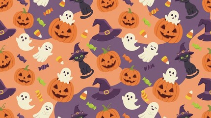 Fototapeta premium Cute Halloween Seamless Pattern with Black Cats, Ghosts, Pumpkins, Witch Hats, and Candies for Commercial Wrapping