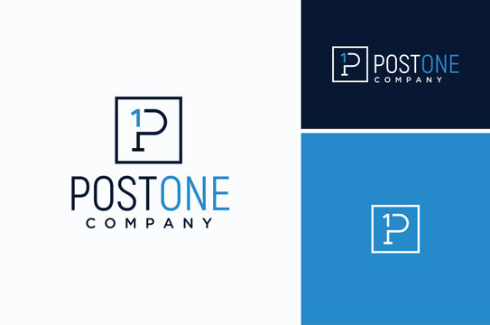 Initial Letter P with Square Frame Lines and Number 1 One Logo design