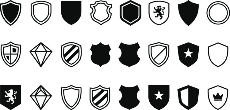 Set of black and white shield icons and security symbols Vector
