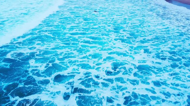 白波が綺麗で波にのるサーファーを早朝に空撮 4K