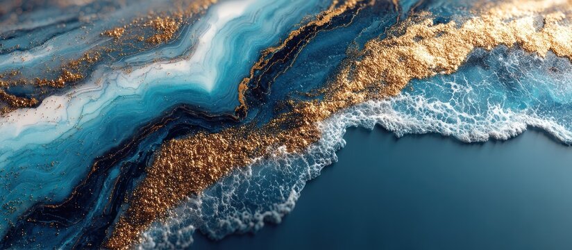Abstract Fluid Art with Turquoise, Gold, and Deep Blue Hues.