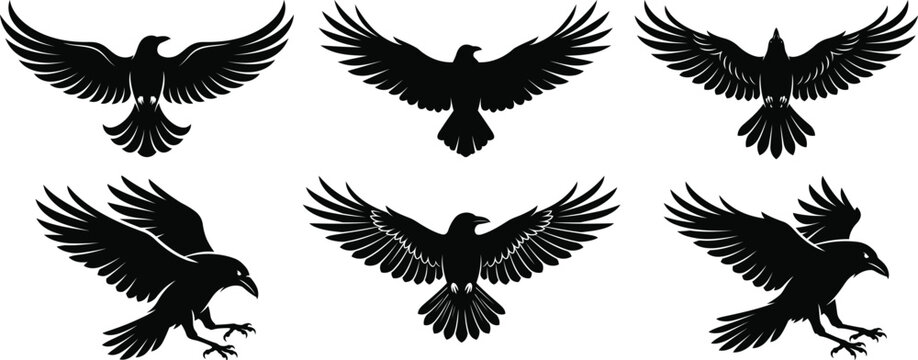 A collection of black silhouette illustrations featuring various ravens and crows in flight poses isolated on a plain white background