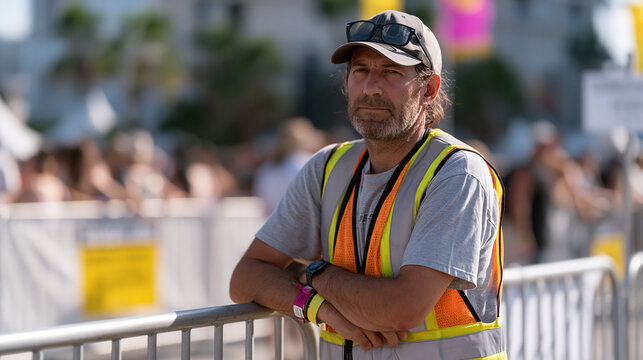Concert security officer in a neon soaked outdoor festival at harsh midday stands at a barrier checkpoint before and after the crowd arrives first frame empty second frame a