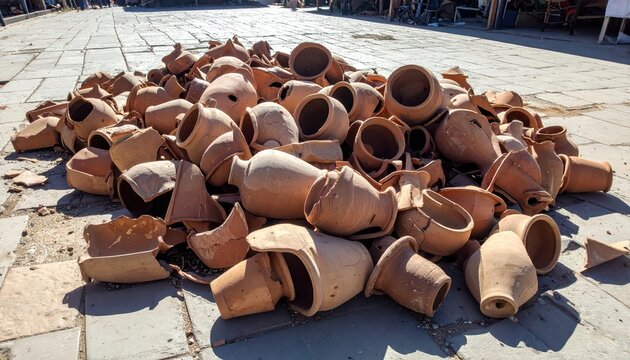 Pile of ancient terra cotta pottery, amphorae, and earthenware shards scattered on a cobblestone ground, representing history, archaeological finds, o