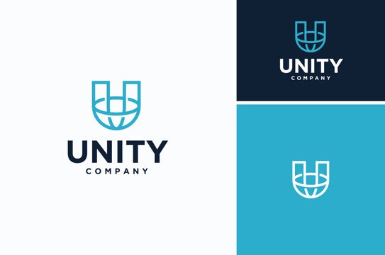 South Pole Globe with Hemisphere Equator Lines with Initial Letter U for Unity Universal Unite Global Logo Design