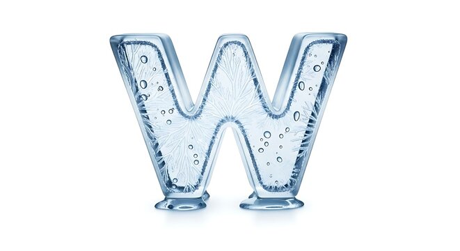 Capital letter w made of frozen blue ice on white