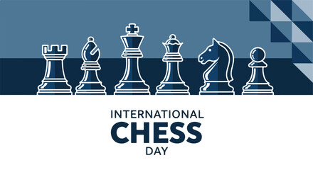 International Chess Day banner design. Chess pieces illustration. Minimalist vector art. © khafid