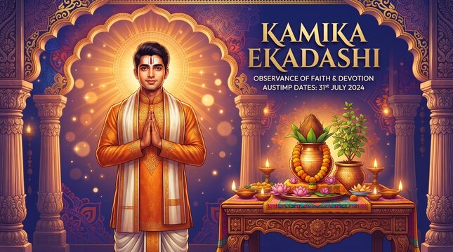 ornate Indian festival poster depicting a young man in traditional saffron kurta and white dhoti with a white shawl