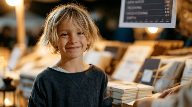 A young child browses a vivid autumn night market stall selling sleep coaching journals and weighted blanket samples, open water freediving depth chart hanging above the display,